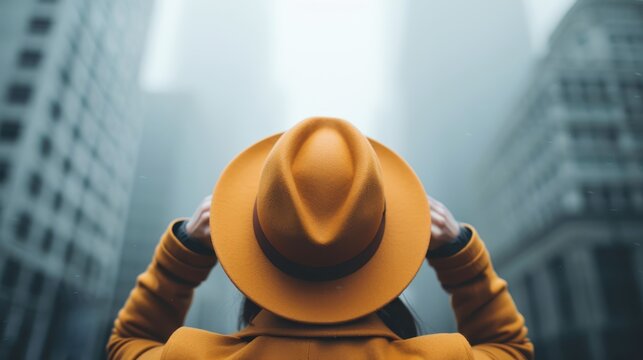 An individual wearing an orange hat and coat gazes upwards at tall city buildings, presenting a scene of urban exploration and appreciation of skyscrapers.
