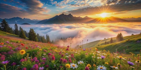 Misty mountain sunrise with vibrant wildflowers , misty, mountain, sunrise, vibrant, wildflowers, morning, landscape, scenery