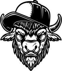 Bison in a baseball cap. Design element for logo, label, sign, poster.Vector illustration © liubov