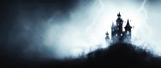 Gothic castle on a hill with lightning in the background, Halloween, dark fortress
