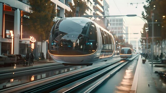 High-speed trains glide through a futuristic cityscape, symbolizing progress and innovation.