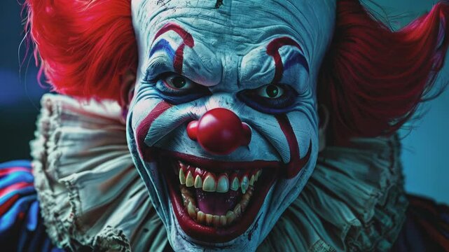 Portrait of a crazy scary evil laughing clown.