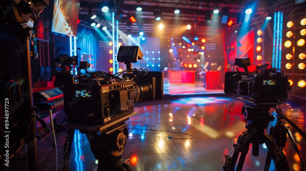 Poster two professional cameras are set up on tripods, recording a live event on a brightly lit stage.