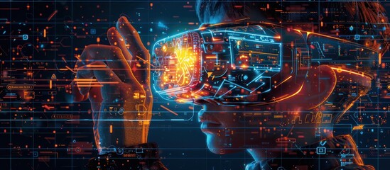 Obraz premium Person in VR Headset Immersed in Digital World