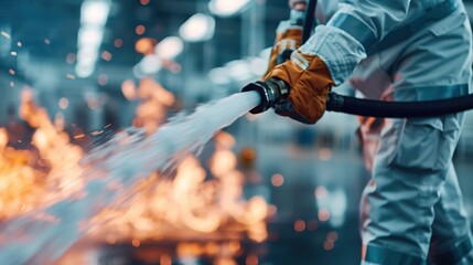 A firefighter clad in protective gear is seen spraying water to put out a fire in an industrial setting, highlighting bravery, safety, and firefighting efforts.