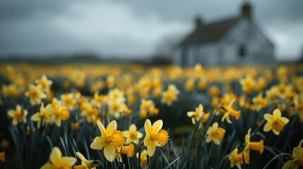 Fototapeta premium A picturesque field of blooming yellow daffodils with a small house in the background under a cloudy sky, showcasing the beauty of nature and rural serenity.