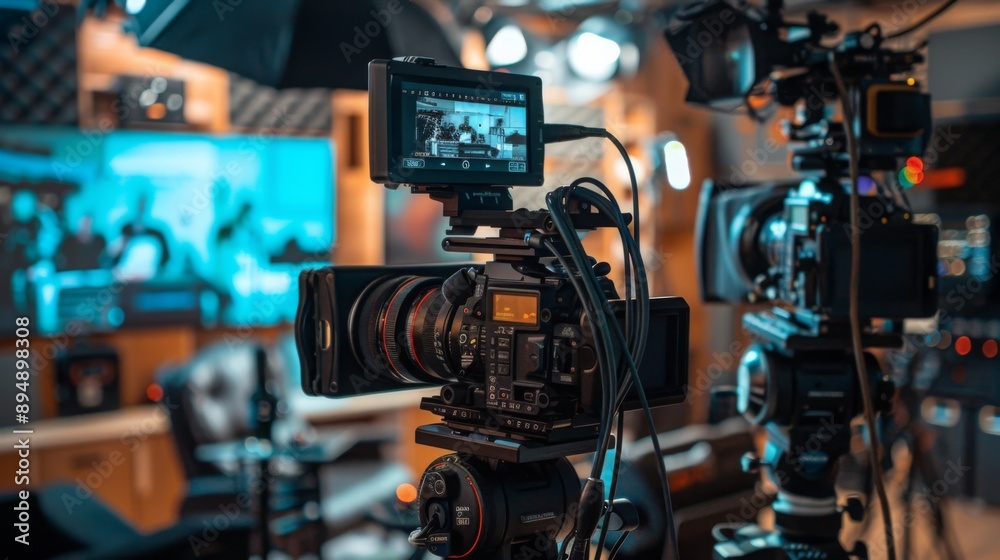 Poster a professional video camera with a monitor attached is set up on a tripod in a studio, ready to film