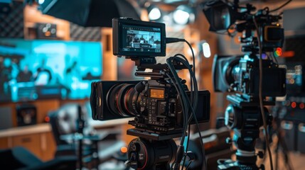 A professional video camera with a monitor attached is set up on a tripod in a studio, ready to film.