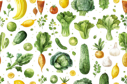 Various set of vegetables in water color paint.organic healthy eating background concepts