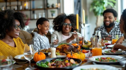 Naklejka premium Happy Thanksgiving day. Family dinner background illustration generated by ai
