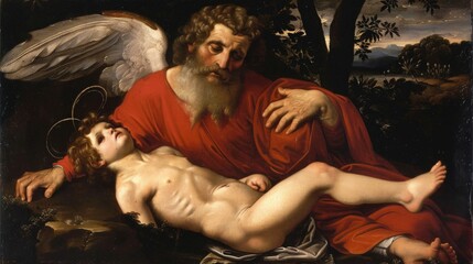 Abraham, with a long white beard, holds a young, nude Isaac, who lies limp in his arms. A winged angel, unseen, extends a hand to stop Abraham from sacrificing Isaac.