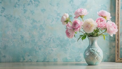 Vase with peony and branches on light blue wallpaper, reflected in mirror , Vase, peony, branches