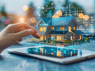 Real estate investment on a tablet screen, holographic overlay of property search and tax information,