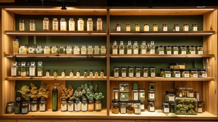 Cannabis Dispensary Shelf with Glass Jars and Containers of Various Strains and Products for Recreational and Medicinal Use