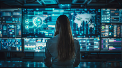Young business woman watching digital screens with futuristic interface and cyber security elements on dark background high-tech data center or control room interior