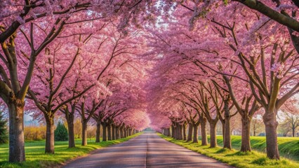 Naklejka premium Cherry blossom tree road in full bloom during spring , nature, beauty, season, scenery, pink, flowers, springtime