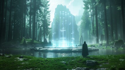 cloaked figure stands near the edge of a serene forest lake, gazing towards a luminous, ethereal portal emitting from a towering rock.
