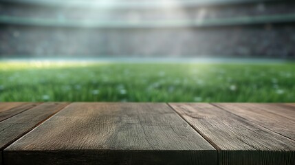 Obraz premium close up of empty wooden table with blurred american football rugby stadium arena background