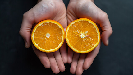 Fresh Orange Halves Held in Hands Against Dark Background