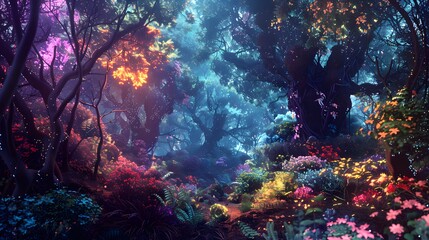 Fototapeta premium Enchanted forest with towering, twisted trees and vibrant, glowing flora, illuminated by ethereal light