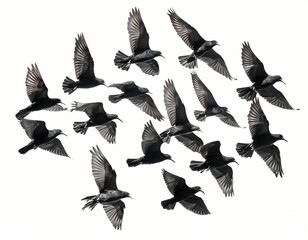Fototapeta premium Flocks of Flying Birds Isolated on White Background with Clipping Path and Full Depth for Design