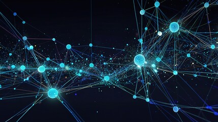 Abstract background with molecules interweaving of colored dots and lines. The musical stream of sounds. Colorful technology futuristic banner.