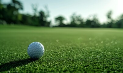 Obraz premium Pristine Golf Ball on Lush Green Fairway: Serene Summer Landscape of Upscale Golf Course. Luxurious Outdoor Sport Experience Amidst Nature's Beauty, Capturing the Essence of Leisure and High-End Lifes