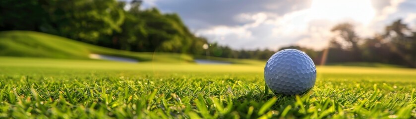 Obraz premium Pristine Golf Ball on Lush Green Fairway: Serene Summer Landscape of Upscale Golf Course. Luxurious Outdoor Sport Experience Amidst Nature's Beauty, Capturing the Essence of Leisure and High-End Lifes
