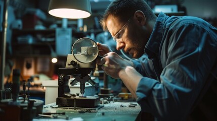 Industrial Quality Control: Operator Inspecting Cutting Tool in Well-Lit Workshop with Magnifying Glass