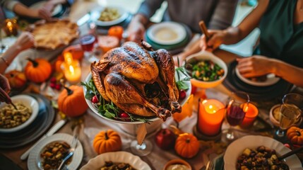Fototapeta premium Happy Thanksgiving day. Dinner table background illustration generated by ai