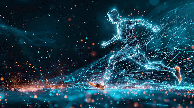 digital representation of an athlete running visualized with interconnected data points and networks illustrating the application of machine learning in sports analytics