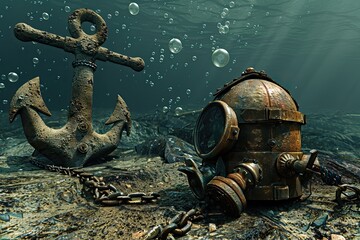 Fototapeta premium Vintage Diving Helmet and Anchor on Ocean Floor with Bubbles Rising Up | 3D Rendered Underwater Scene