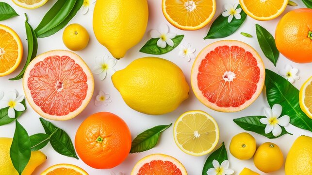 A detailed pattern of citrus fruits including lemons, oranges, and grapefruits, with leaves and flowers, high-resolution photo, realistic photo, hyper realistic