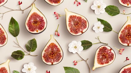 A detailed pattern of figs and fig leaves, with flowers and branches for a delicate look, high-resolution photo, realistic photo, hyper realistic