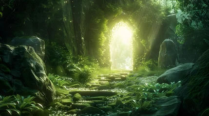 Poster Monde féerique Mystical forest path leading to a glowing portal surrounded by luminescent plants and ancient stones  © Beer AI