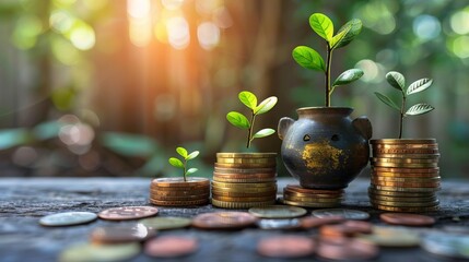 Accumulating mutual funds for financial self-sufficiency, side view, emphasizes independent investment strategies, technology tone, Triadic Color Scheme