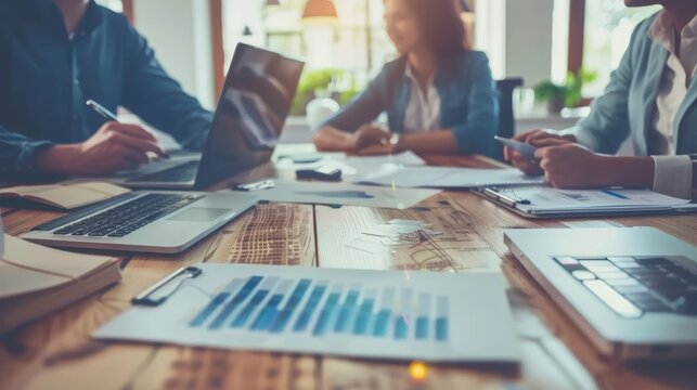 Business Professionals Analyzing Financial Forecasts in Open Office, Using Laptops and Documents
