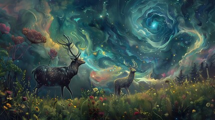 Enchanted meadow where mythical creatures graze under a sky filled with swirling, colorful auroras