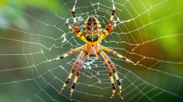 Orb Weaver Spider on web with green background viewed from above