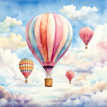 Watercolor painting of whimsical hot air balloons floating in a sky with fluffy clouds