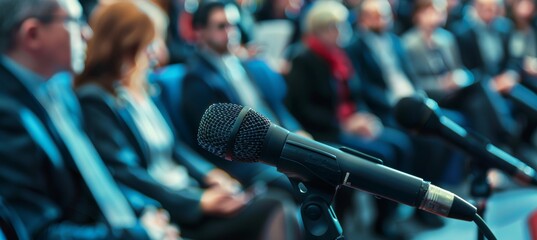 Business Professionals Engaged in a Q&A Session, Professional Setup with Microphone