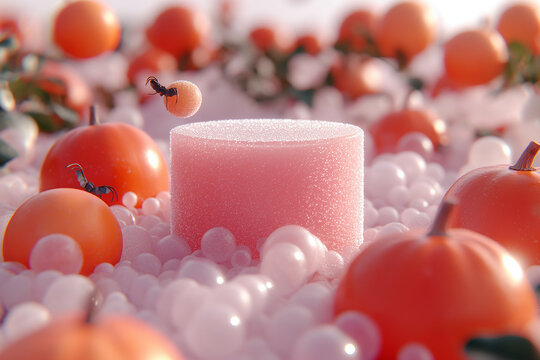 A pink object is surrounded by many red objects