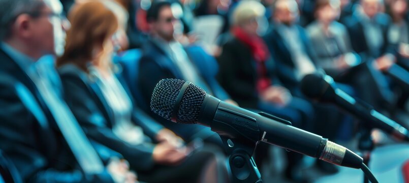 Business Professionals Engaged in a Q&A Session, Professional Setup with Microphone