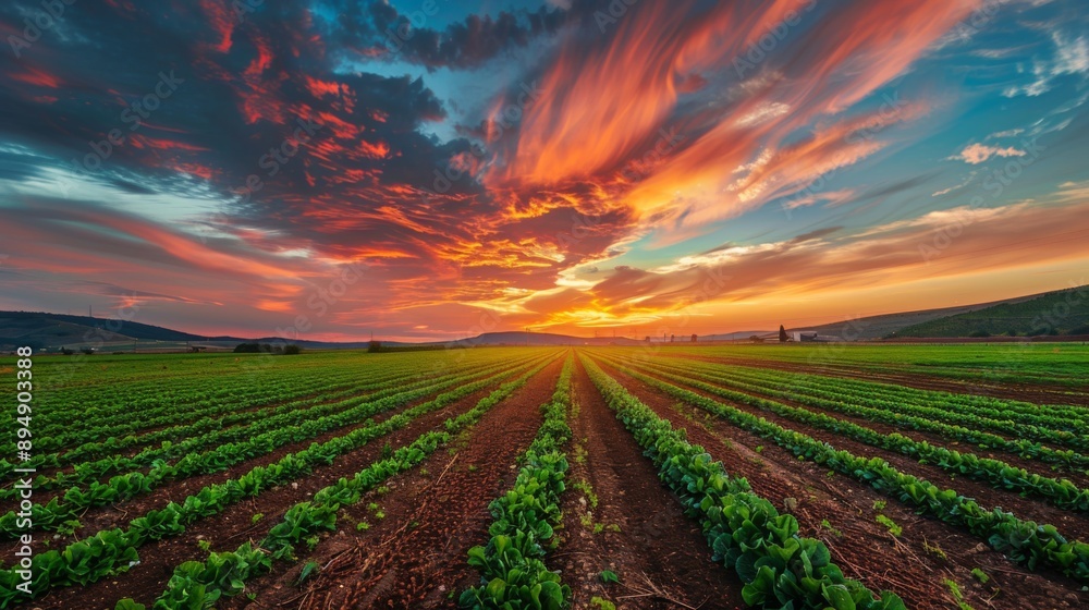 Poster rural farm with rows of crops under a colorful sky as the sun rises in the background.
