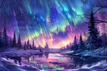 Fototapeta premium An Aurora Borealis, Northern Lights over a northern winter landscape, a lake, snow, and pine trees