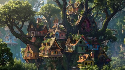 Naklejka premium Dreamlike village with whimsical, colorful houses nestled among towering, ancient trees