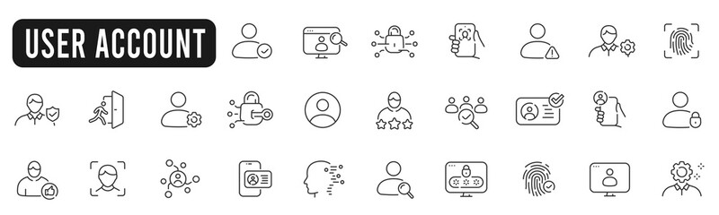 Set of user account related line icons. Profile, avatar, login, password etc. Editable stroke