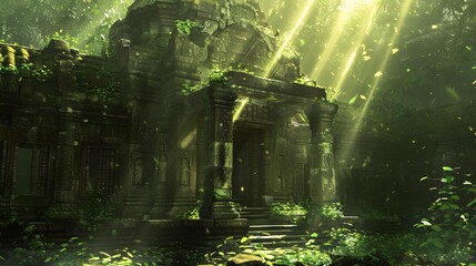 Obraz premium Ethereal temple ruins bathed in magical light, surrounded by vibrant, enchanted vegetation