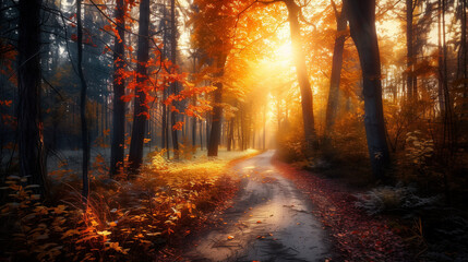 Fototapeta premium 가을 새벽 울창한 숲 속 사람 없는 산책로