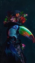 Obraz premium A fashion portrait of an anthropomorphic animal, colorful bird posing with a charismatic human attitude.